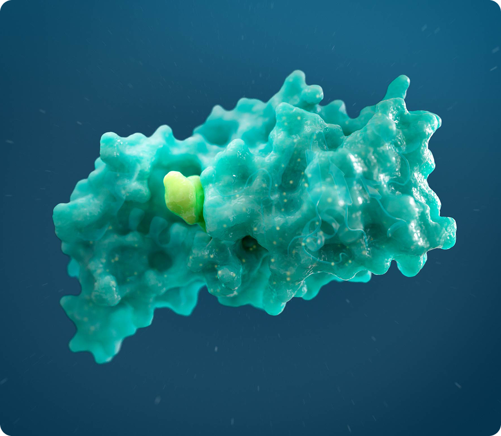 Blue 3D protein molecule with a small yellow section against a dark blue background.