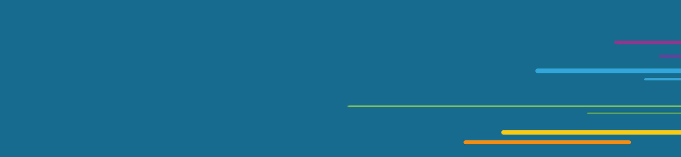 Blue background with colorful horizontal lines in the lower right corner.