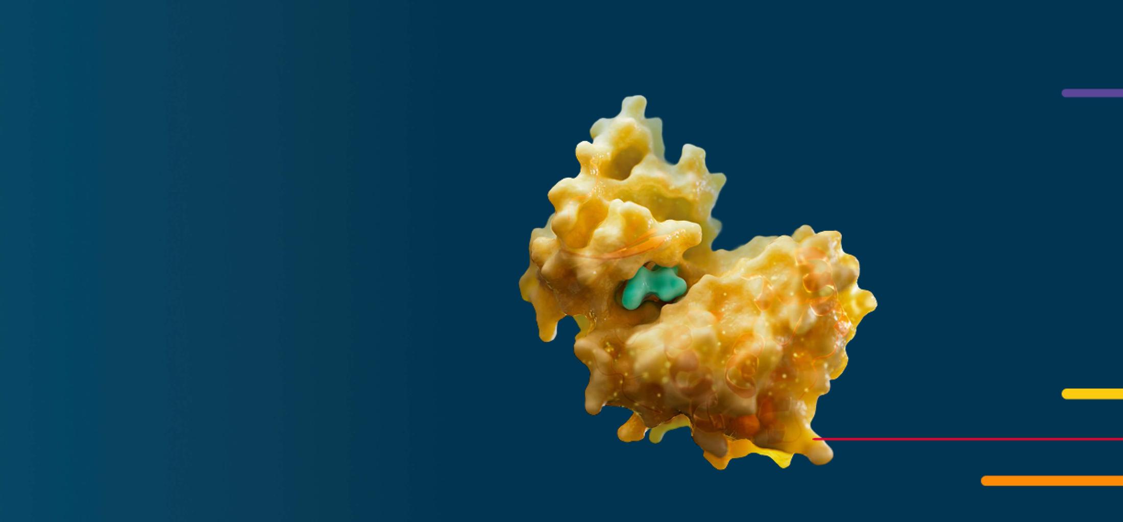Yellow and green molecular structure on a blue background with colored lines.